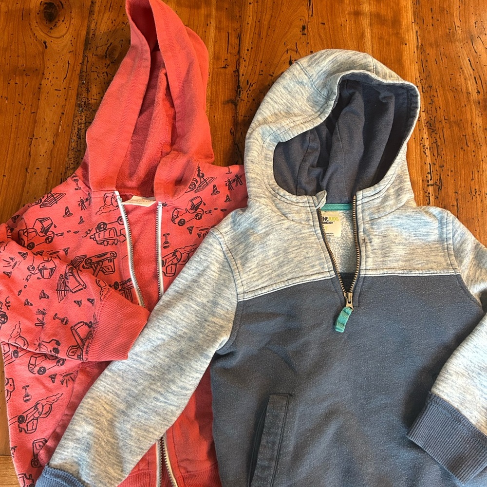 Toddler boy hoodies—blue and orangy with vehicles. Size 4